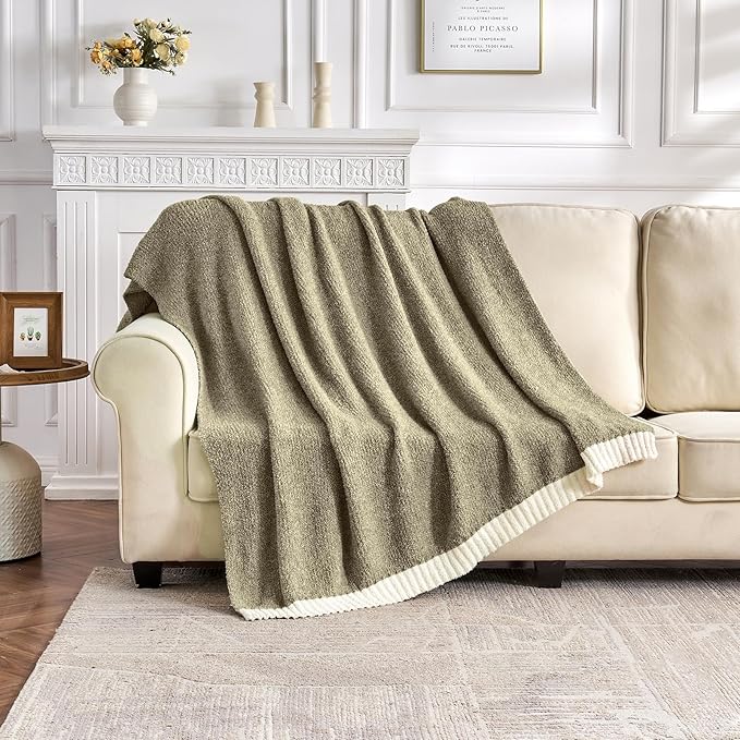 CozeCube Melange Blanket, Ultra Soft Olive Green and White Throw Blanket, Warm Cozy Knit Fuzzy Plush Reversible Throw for Couch Bed Sofa, 60"x80"