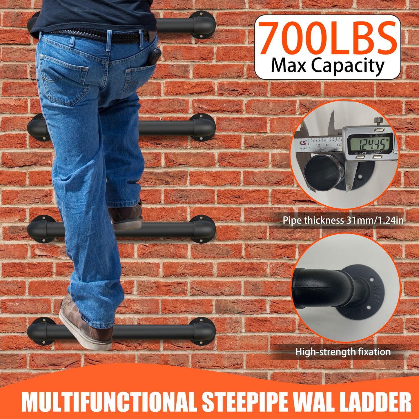 Wall Mounted Ladder, 1 Rung Steel Safety Step - 7 Pack for Window Well Egress & Farmhouse Storage | 16.1" W x 6" D, 700LB Load, Black Rustproof Coating, Easy Wall or Floor Mount