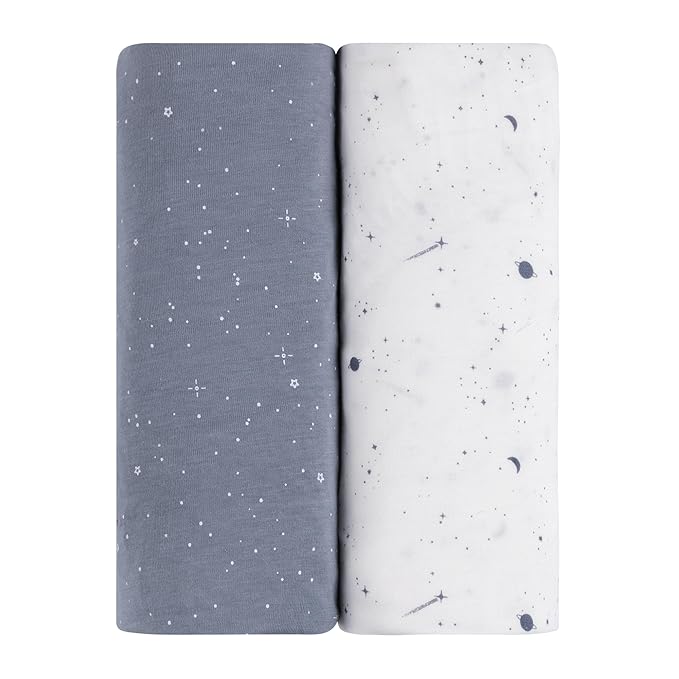 Ely’s & Co. Pack and Play Sheets, for Mini/Portable Crib, 2 Pack Fitted Playpen Play Yard Sheet Set Compatible with Graco Pack n Play, for Baby Boys, 100% Cotton, Celestial Blue Print, 38”x24”x5”