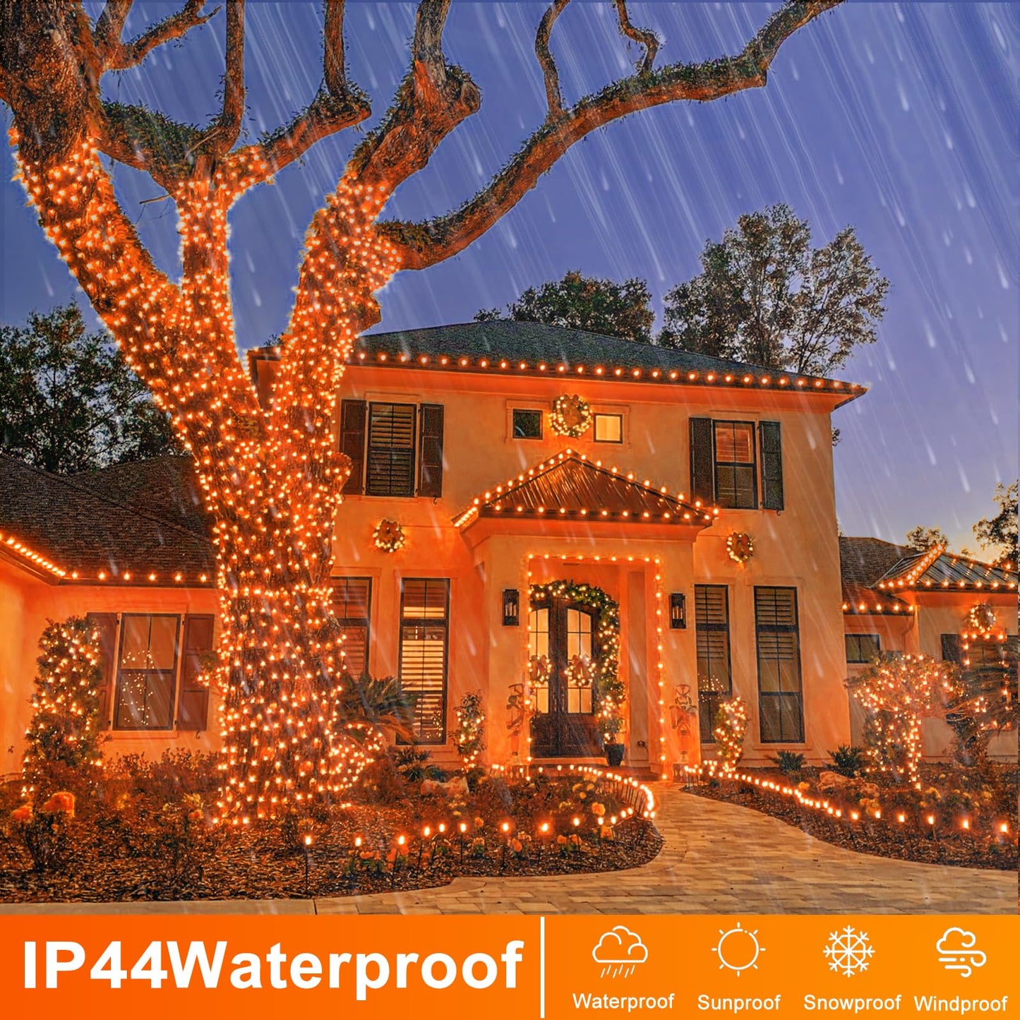 Einiiya 600 Led Christmas Lights Outdoor 197 Ft String Lights Indoor Outdoor Clear Wire With 8 Modes  Plug In Waterproof Orange String Light For Christmas Tree Party Thanksgiving Decorations