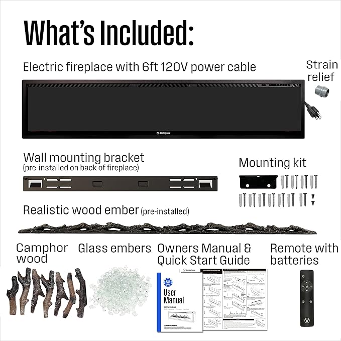 Westinghouse 74 Inch Electric Fireplace Heater, Compatible with Alexa & Google Home, Wall Mount or in-Wall Recessed Fireplace Insert, 24 Hour Timer, Color Changing Flames, 750W/1500W Indoor Heater