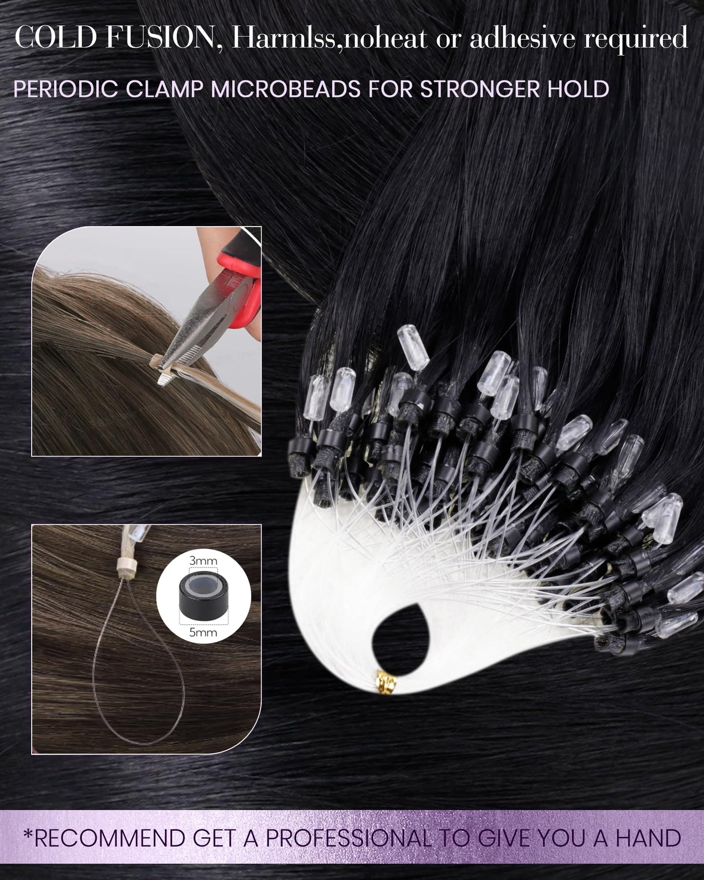 LaaVoo Micro Loop Hair Extensions Real Human Hair Black Micro Link Hair Extensions Human Hair 22 inch Jet Black Microbead Hair E