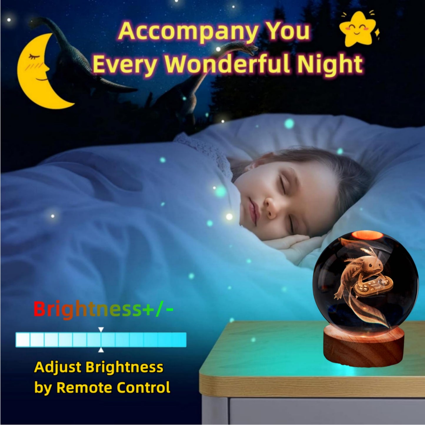 DIGFPWT Axolotl Crystal Ball Night Light, 3.15 Inch, 16 Color LED, Wooden Base, Gift Box Packing, Axolotl E