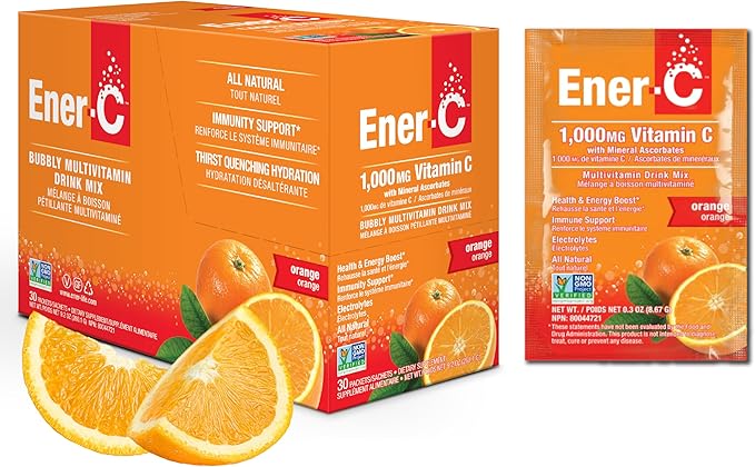 Ener-C Orange Multivitamin Drink Mix Powder Vitamin C 1000mg & Electrolytes with Real Fruit Juice Natural Energy & Immune Support for Women & Men - Non-GMO Vegan & Gluten Free - 30 Count