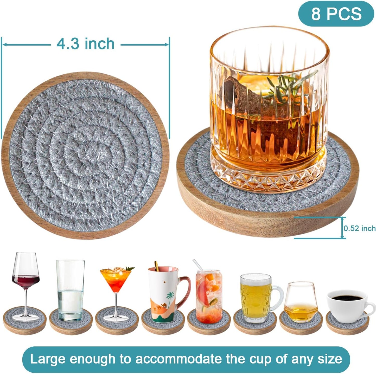 Wood Coasters for Drinks, Absorbent Coaster Sets of 8, Woven Drink Coasters for Coffee Table, Housewarming Gift for Farmhouse Home Decor,4.3 inches Gray