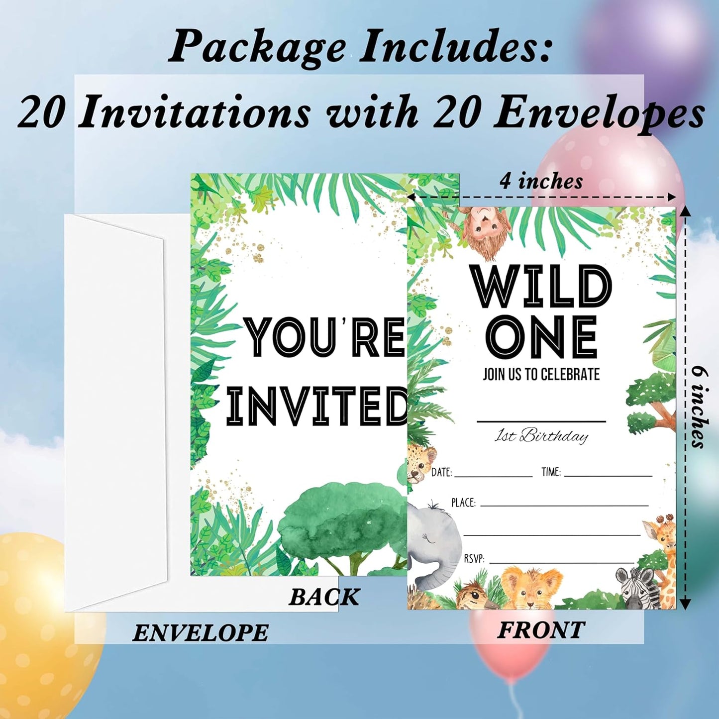 Wild One Birthday Invitations, 20 Invitation Cards with Envelopes, Safari Zoo Invites for Party Decorations Favor Supplies - A16