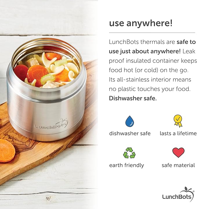 LunchBots 16oz Thermo Stainless Steel Wide Mouth - Insulated Thermo With Vented Lid - Keeps Food Hot or Cold for Hours - Leak-Proof Portable Thermal Food Jar is Ideal for Soup - 16 ounce - Black