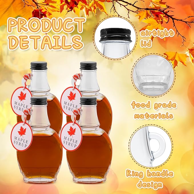 12 Pcs 5 oz Glass Maple Syrup Bottles with Tags,Clear Glass Bottles with Aluminum Lids and Loop Handle, Maple Syrup Jars Storage Glass Containers for DIY Whiskey Sauce Vanilla Gifts