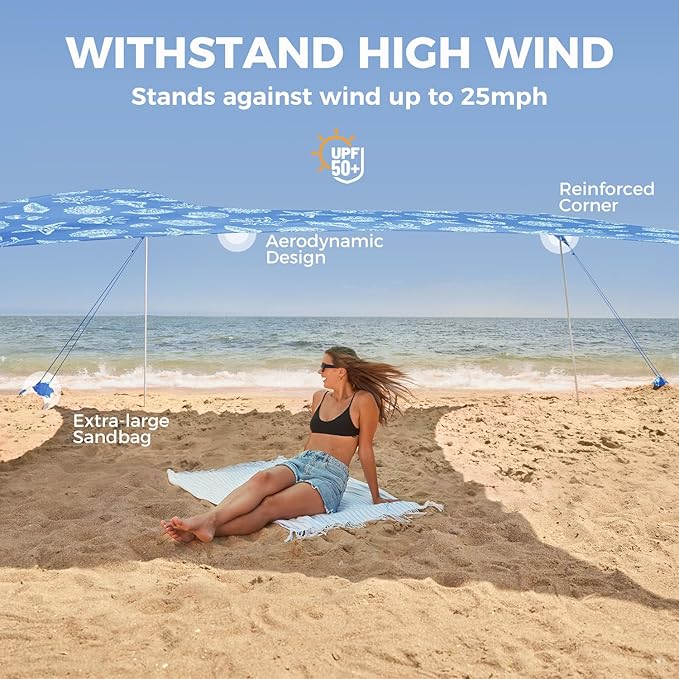 WEKAPO Beach Tent Sun Shelter - Easy Setup Beach Canopy with 4 Sturdy Poles, Large Sandbags and Shovel, 6'7'' Tall, Windproof Sun Shade for Backyard and Camping, UPF 50+ Protectio