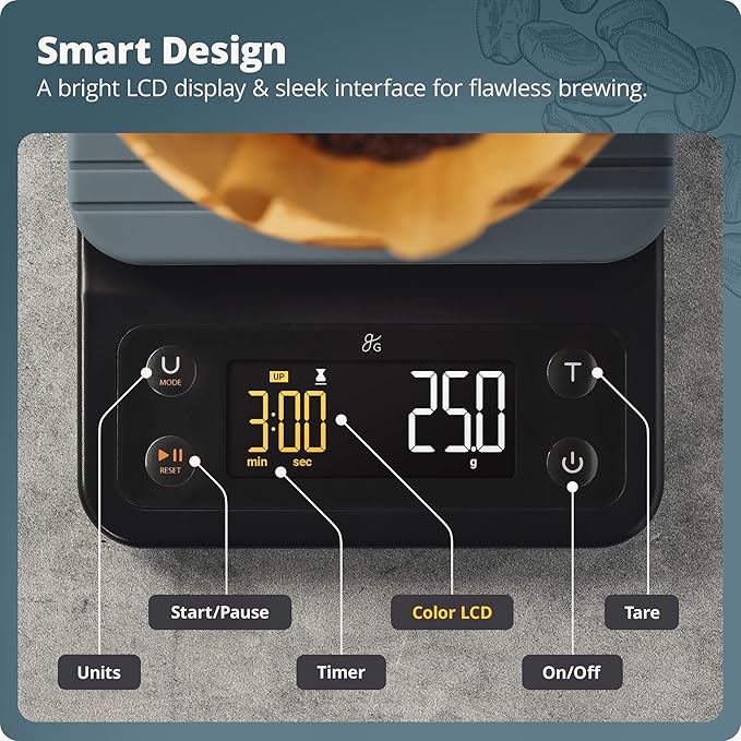 Greater Goods Digital Coffee Scale with Timer – Accurate 0.1g Precision, Multi-Color Display, Waterproof & Heat-Resistant Cover, for Pour-Over, Espresso, French Press, and Kitchen Use (Stone Blue)