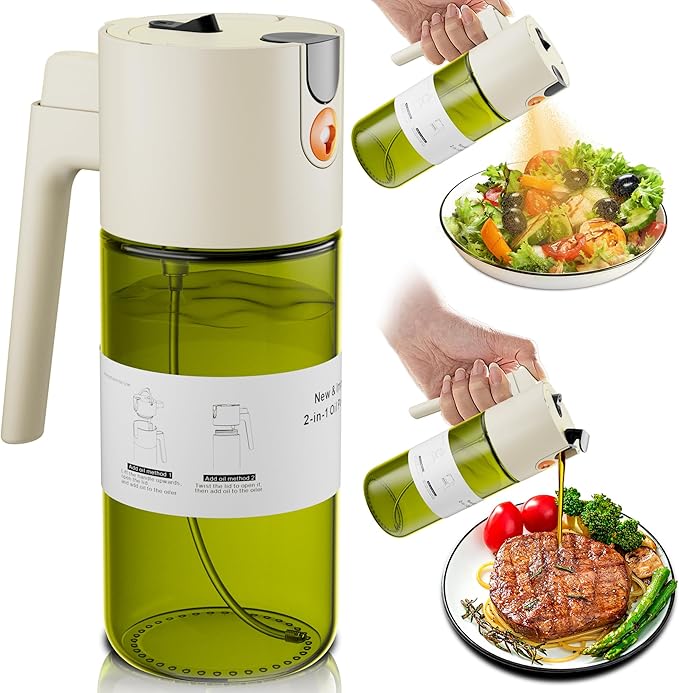 Upgrade 2 in 1 Oil Sprayer for Cooking, Olive Oil Dispenser Bottle for Kitchen Gadgets with Stickers, 17oz/500ml Food Grade Light-Blocking Glass Spray Bottle for Salad, Air Fryer, BBQ