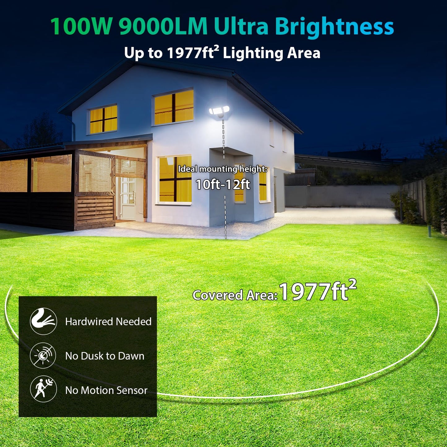 iMaihom 100W LED Flood Light, 9000LM, IP65 Waterproof, 3 Adjustable Heads, 6500K Daylight White, Black, Model BDD100-3,