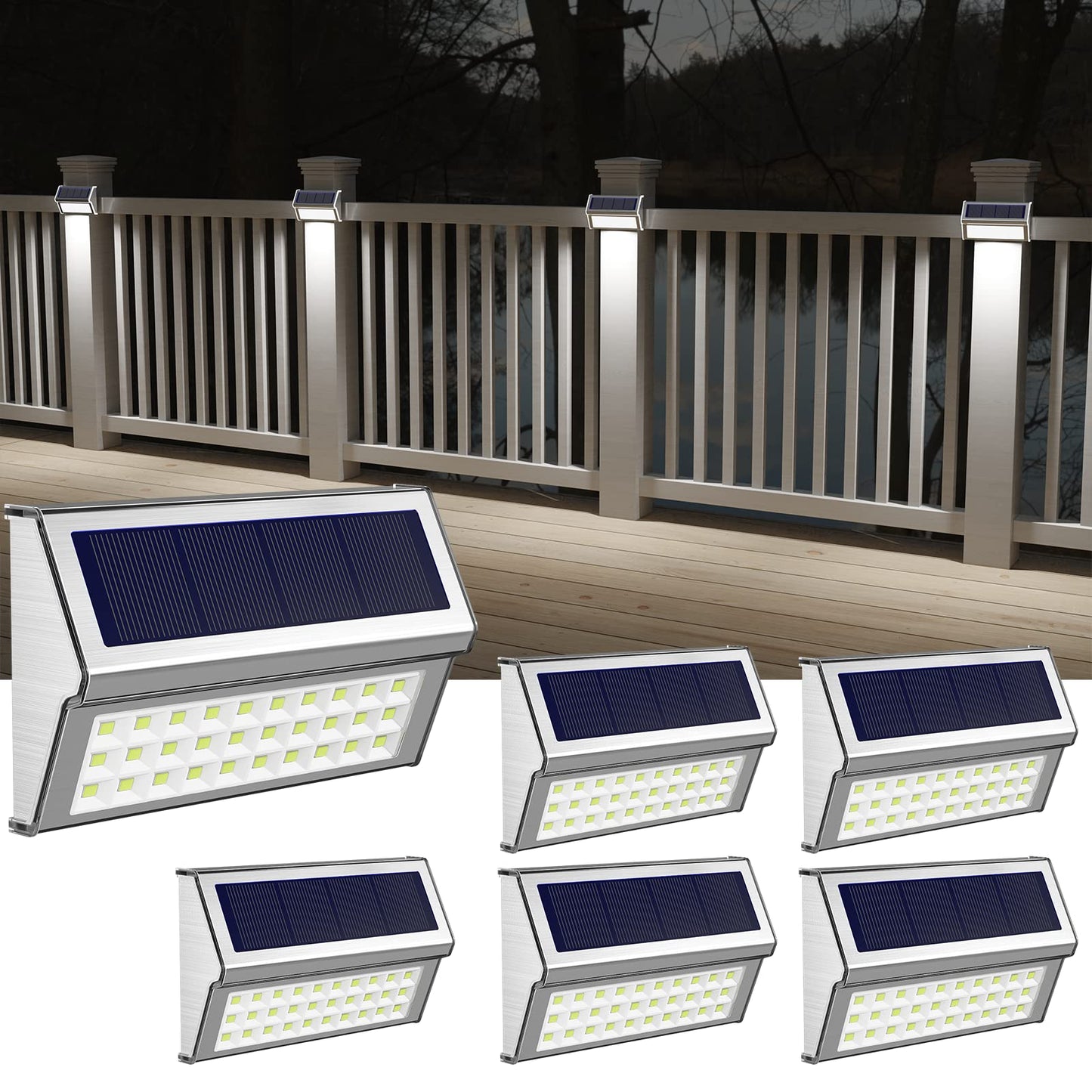 ROSHWEY Solar Deck Lights - 6 Pack, 30 LED, Waterproof, Cool White Light for Outdoor Stair, Fence, Patio, Step, Pool, Yard, Walkway