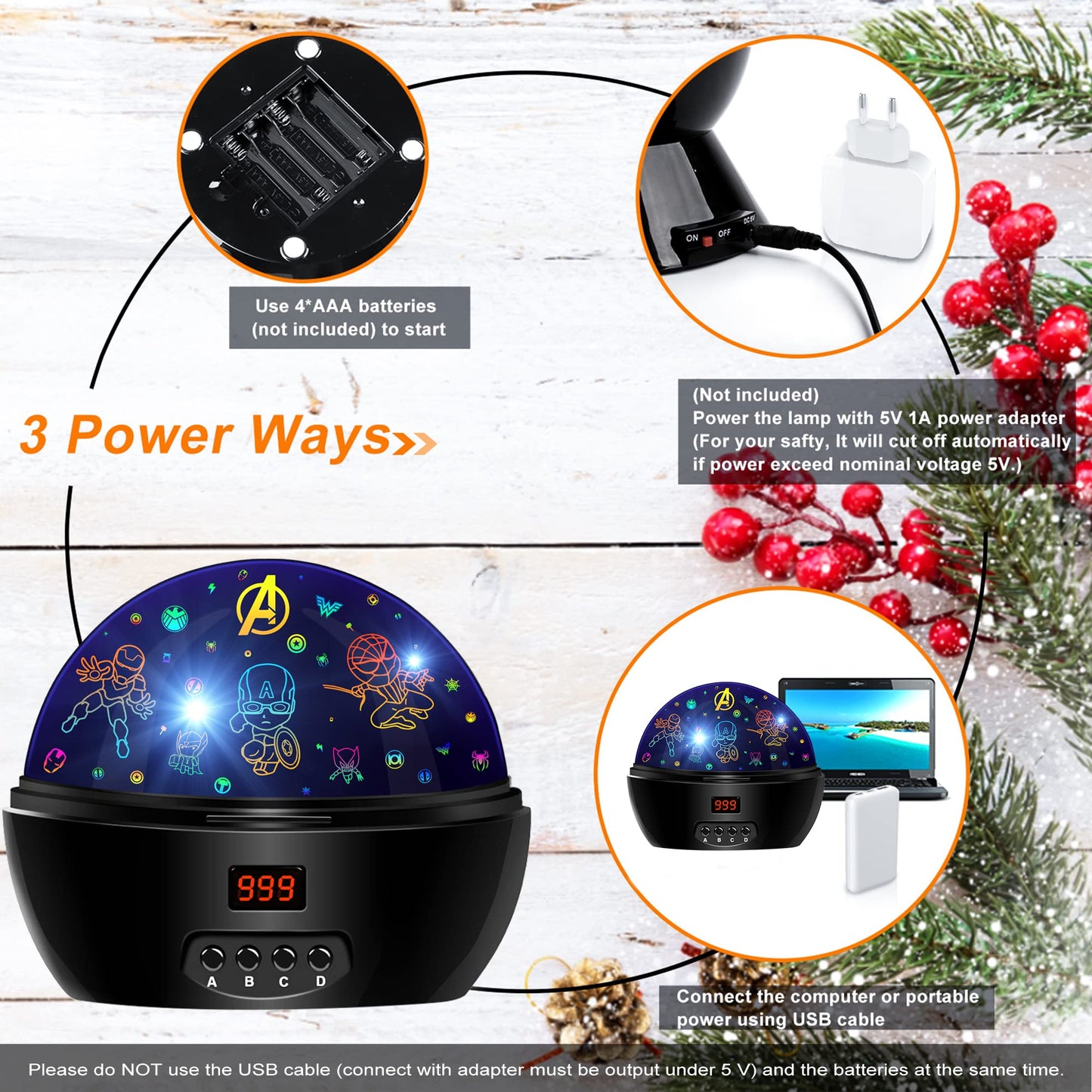 Mokoqi Superhero Night Light Projector For Kids, 360° Rotation, Black, Model No.012-1761, Includes Spiderman Figurine, Timer
