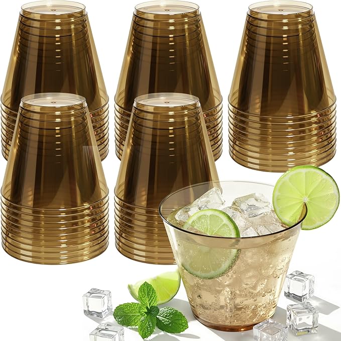 Glowserve 150 Pack Plastic Cups 9 oz Brown Clear Plastic Cups for Cocktail Fancy Disposable Cup for Party Stemless Wine Gl...