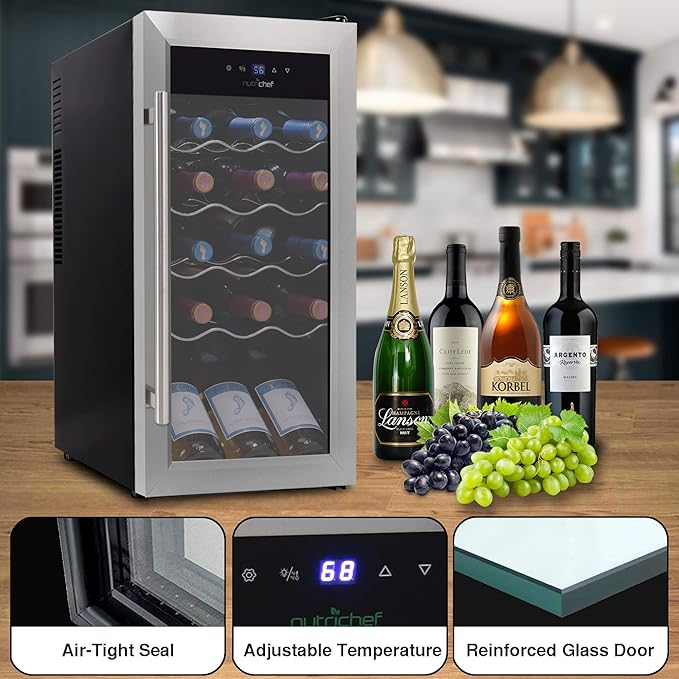 Nutrichef 18 Bottle Slim Wine Fridge | Red and White Wine Chiller | Adjustable Temperature Control 41°F to 64°F | Ultra Quiet Operation | Mini Wine Cooler for Home & Office | 30x13x17 IN
