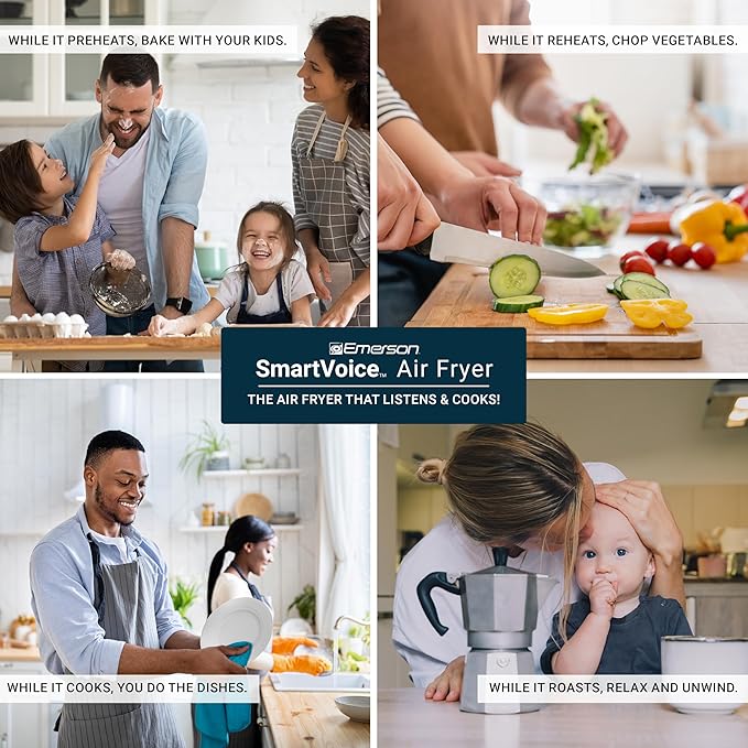 Emerson SmartVoice 5.3QT 6-in-1 Air Fryer, 1000+ Voice Control Commands, 100+ Recognized Food, No APP, No WIFI, No Setup, Nonstick Basket, Air Fry, Bake, Reheat, Dehydrate, 1500W