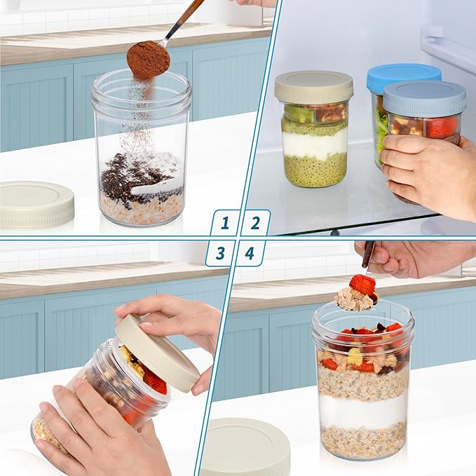 16 oz Overnight Oats Containers with Airtight Lids - 6-Pack Leak-Proof Wide Mouth Mason Jars & Divided Cups for Dried and Wet Foods, Glass Jars for Chia Pudding, Salad, Snacks, and Yogurt