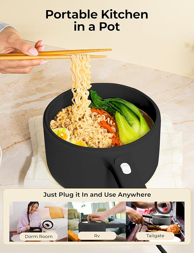 PRO Electric Hot Pot with Lid and Steamer, 1.5L Non Toxic Ceramic Cooker Skillet for Ramen, Eggs, Pasta Portable and Compact for Dorms, Camping, RVs, Work, Adjustable Temperature