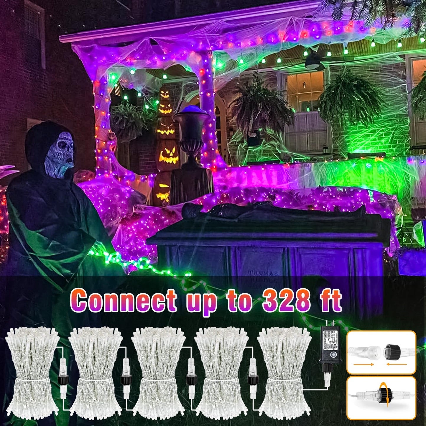 Nielfoi 66Ft 200 Led Christmas Lights Outdoor  Orange & Purple Christmas String Lights Indoor Waterproof With 8 Modes  Connectable Clear Wire Twinkle Fairy Lights For Indoor Home Xmas Garden Decor