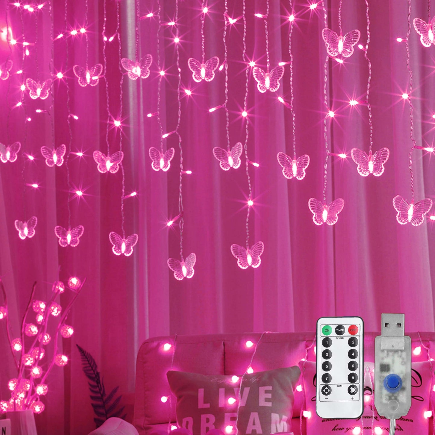 Decorman Butterfly Curtain Lights, 13ft 96 LED, USB Fairy Lights, 8 Modes, Pink, Model CLD-B-R-001