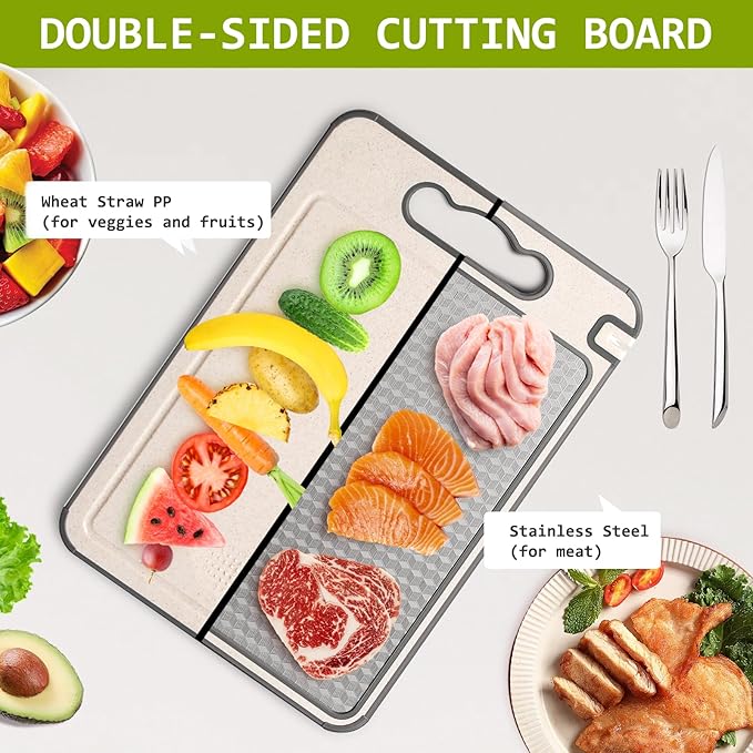 3-in-1 Stainless Steel Cutting Board for Kitchen, Double Sided,Non Toxic Cutting Board,Scratch-Resistant Mesh Design with Juice Groove,Easy Clean,Wheat Straw PP Large Chopping Board (15''*10'')