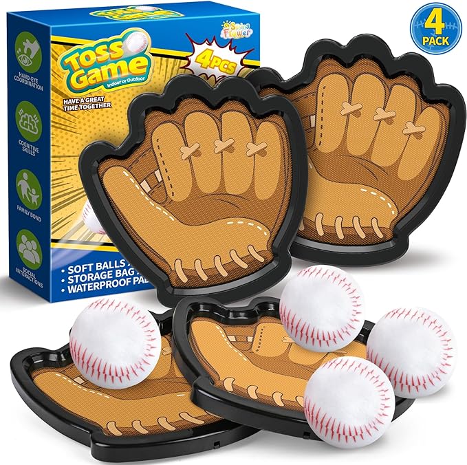 SpringFlower 4 Pack Catch and Toss Ball Game,Toddler Baseball Catch and Toss Ball Set,Outdoor Sport Yard Beach Pool Game T...