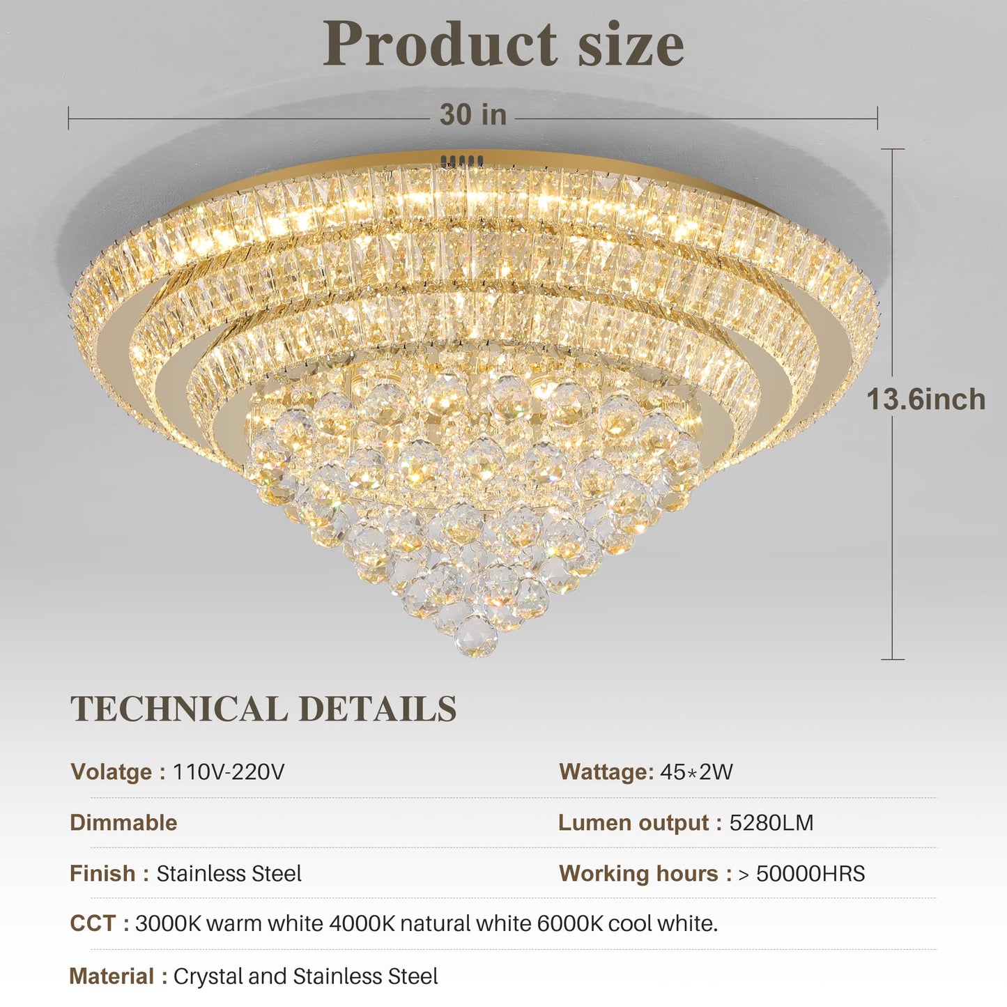 Miuyhji Large LED Crystal Raindrop Chandelier Light Fixture, 30in Rose Gold, Dimmable, Remote Control for Living Room, Kitchen, Bedroom