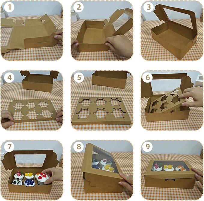 Cupcake Boxes 6 Count, Disposable Cupcake Containers, Food Grade Carrier with Window and Inserts for Cupcakes Muffins Cookies Pastries Donuts (Kraft Brown, 30 Pack)