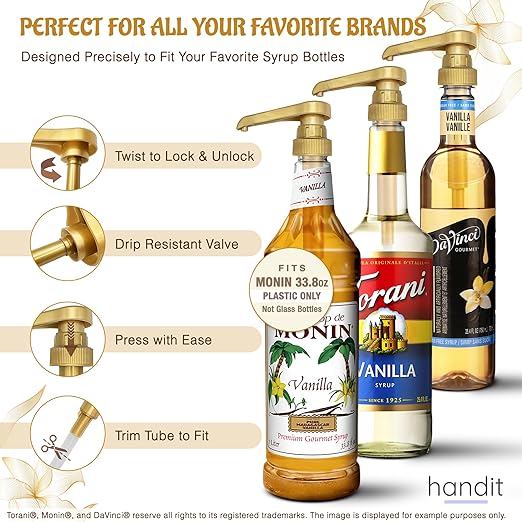 HANDIT - Gold Coffee Syrup Pumps with Tip Covers | Fits 25.4oz/750ml Liter Torani, Skinny, Davinci | Fits Monin Plastic 33.8oz Bottles | Does Not Fit Monin Glass 750ml | 6 w/Covers