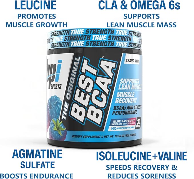 BPI Sports BEST BCAA - BCAA Powder Post Workout Sports Drink with Branched Chain Amino Acids for Hydration & Recovery, for Men & Women - Blue Raspberry - 30 Servings