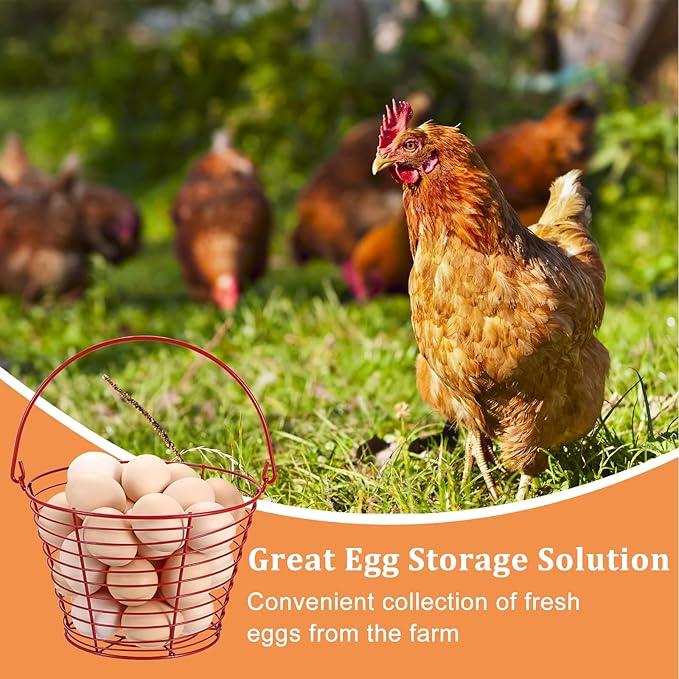 3 PCS 8" Red Round Wire Egg Baskets for Fresh Egg With Handle, Small Metal Collecting Basket for Gathering Fresh Eggs, Chicken and Duck Eggs Hunting Basket Egg-Holder Countertop