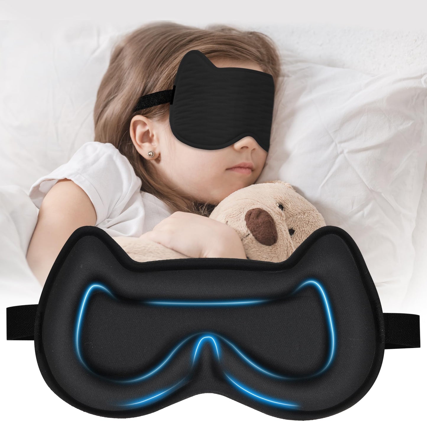 3D Kids Sleep Eye Mask: 3D Contoured Cup Sleeping Masks, Blindfold Sleep Eye Cover with Adjustable Strap, Memory Foam Lightweight Night Eyeshade for Boys Girls Teens (Black)