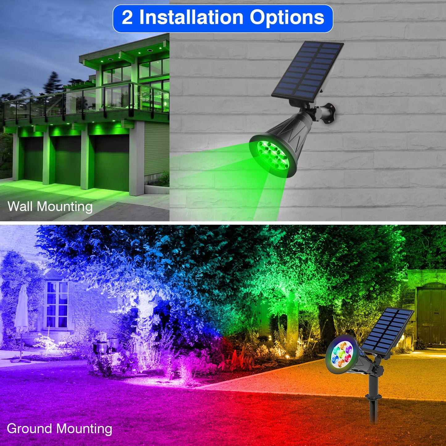 T-SUN Solar Spotlights, 7 Color Changing LED, Waterproof, 2 Pack, Model TS-G0102-7C