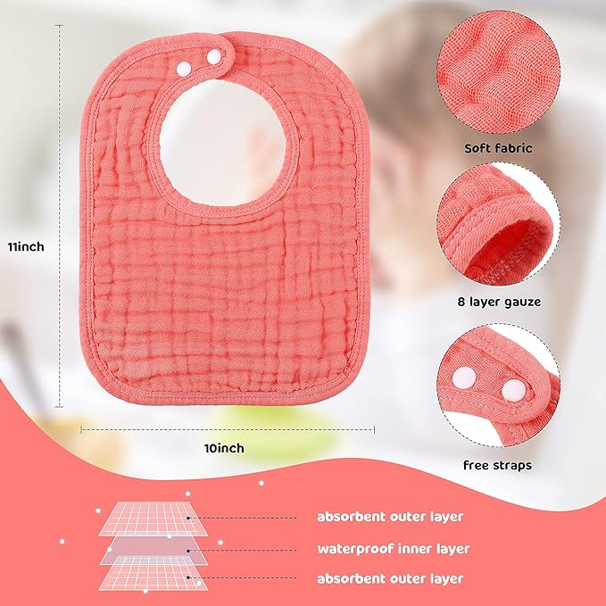 Tatuo 8 Pcs Baby Muslin Bibs & Burp Cloths 6 Absorbent Layer 100% Cotton Unisex Baby Bibs for Drooling and Teething