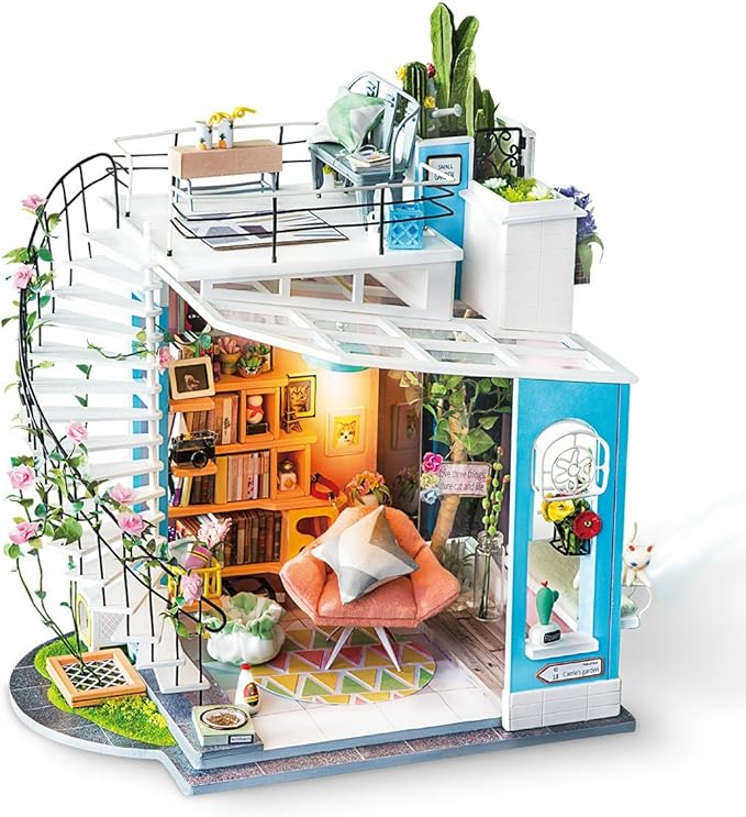 ROBOTIME DIY Miniature Dollhouse Kit - 1:24 Scale Miniature House Kit with LED Light - Tiny House Kit with Furniture Best Birthday for Women and Men