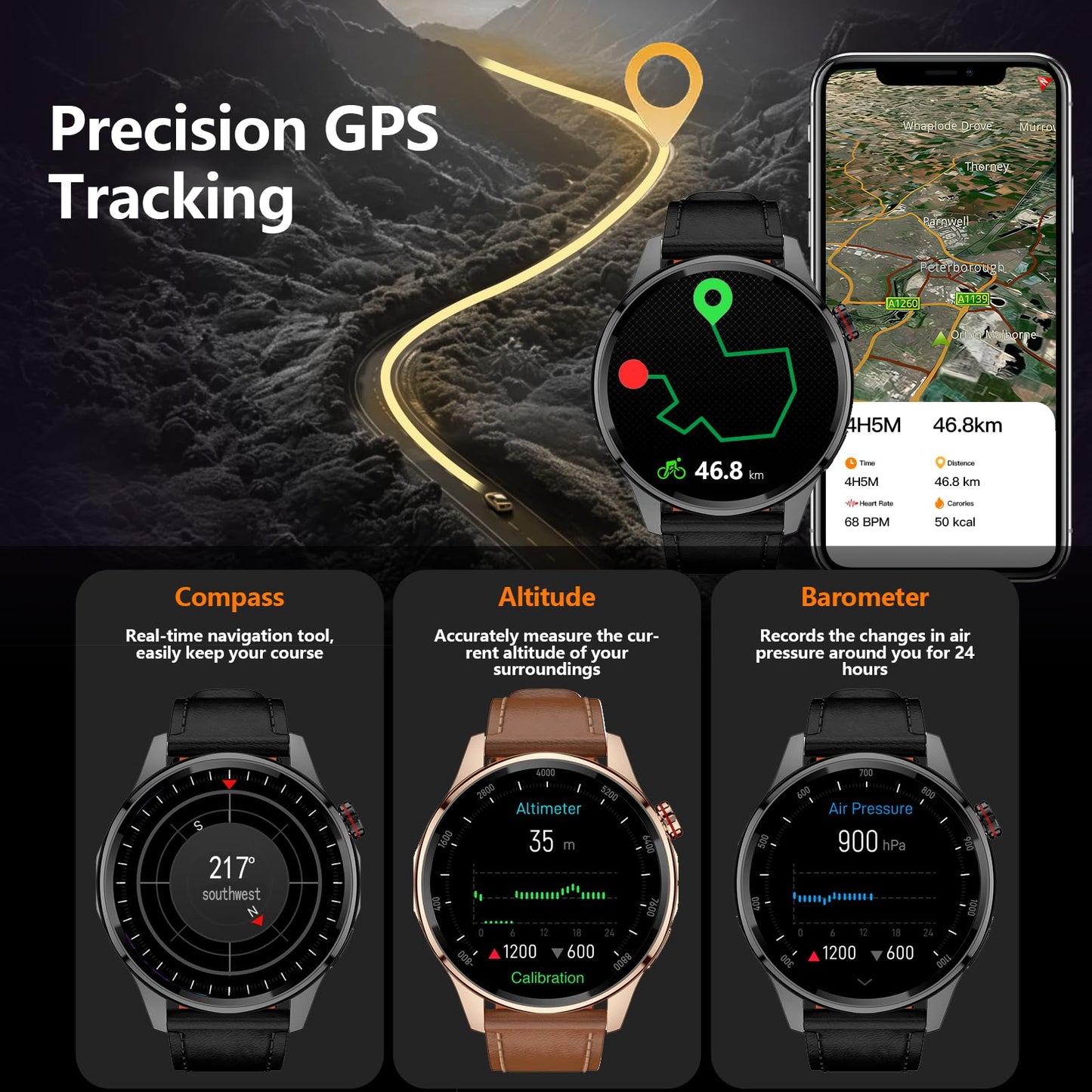 Smart Watch for Men Built-in GPS, 1.46" AI Smartwatch with Health Monitor for Android Phones/iPhone, 100+ Sport Modes Fitness Tracker with Compass/Altitude/Barometer,Bluetooth Call/Text Reply(2 Bands)