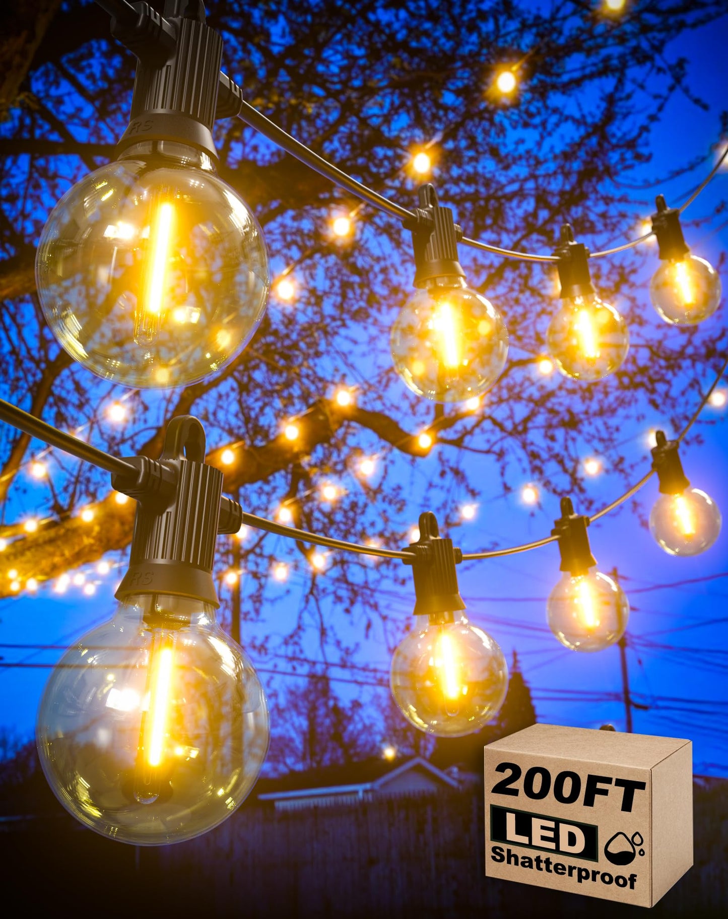 Zuske Outdoor String Lights, 200FT Connectable Dimmable LED with 100 Shatterproof G40 Bulbs, Waterproof, Black
