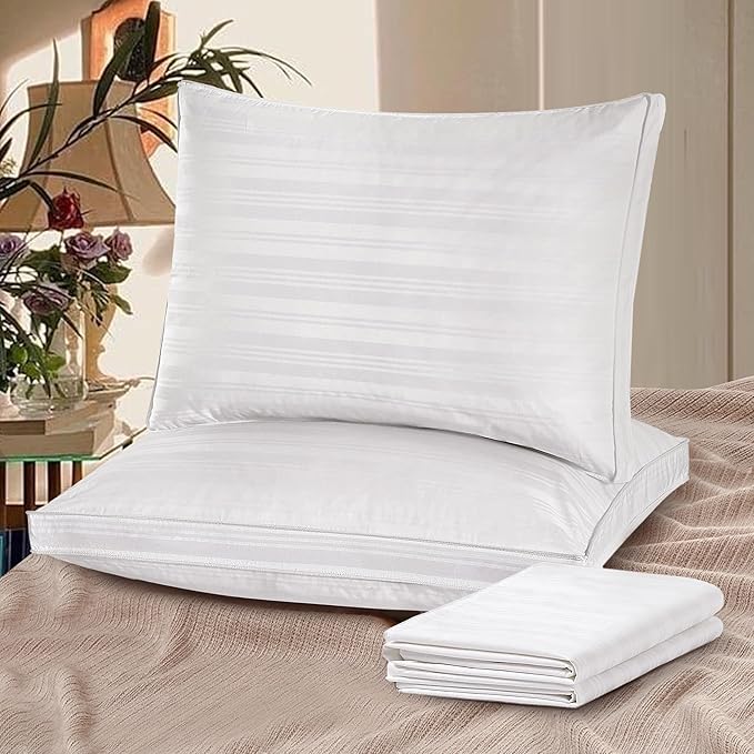 UNIKOME Goose Feathers and Down Pillows with 2 Gusseted Outer Protectors, White Cotton Fabric Bed Pillows for Back Stomach Side Sleepers, Standard/Queen, 20 x 28 inches, Pack of 2