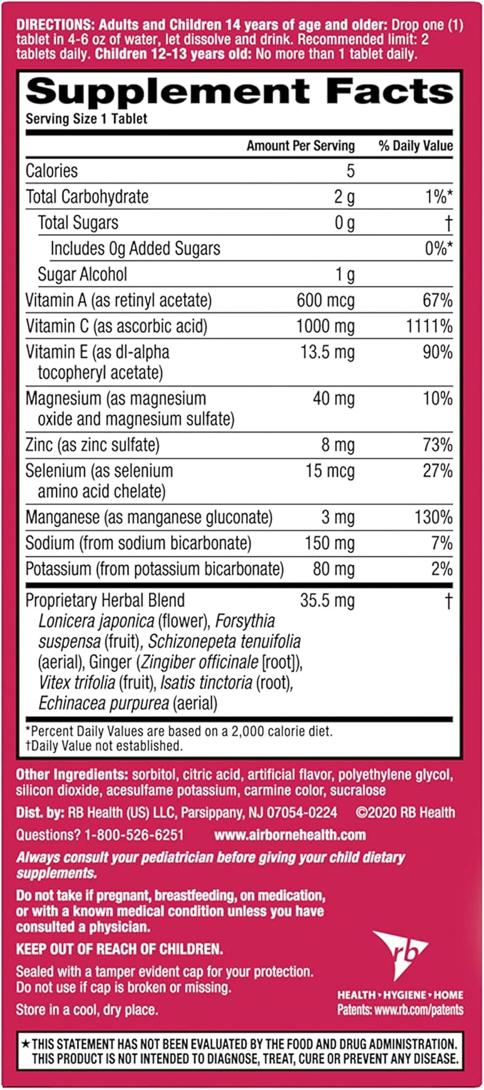 Vitamin C 1000mg (per serving) - Airborne Very Berry Effervescent Tablets (36 count in a box), Gluten-Free Immune Support Supplement, With Vitamins A C E, ZINC, Selenium, Echinacea & Ginger