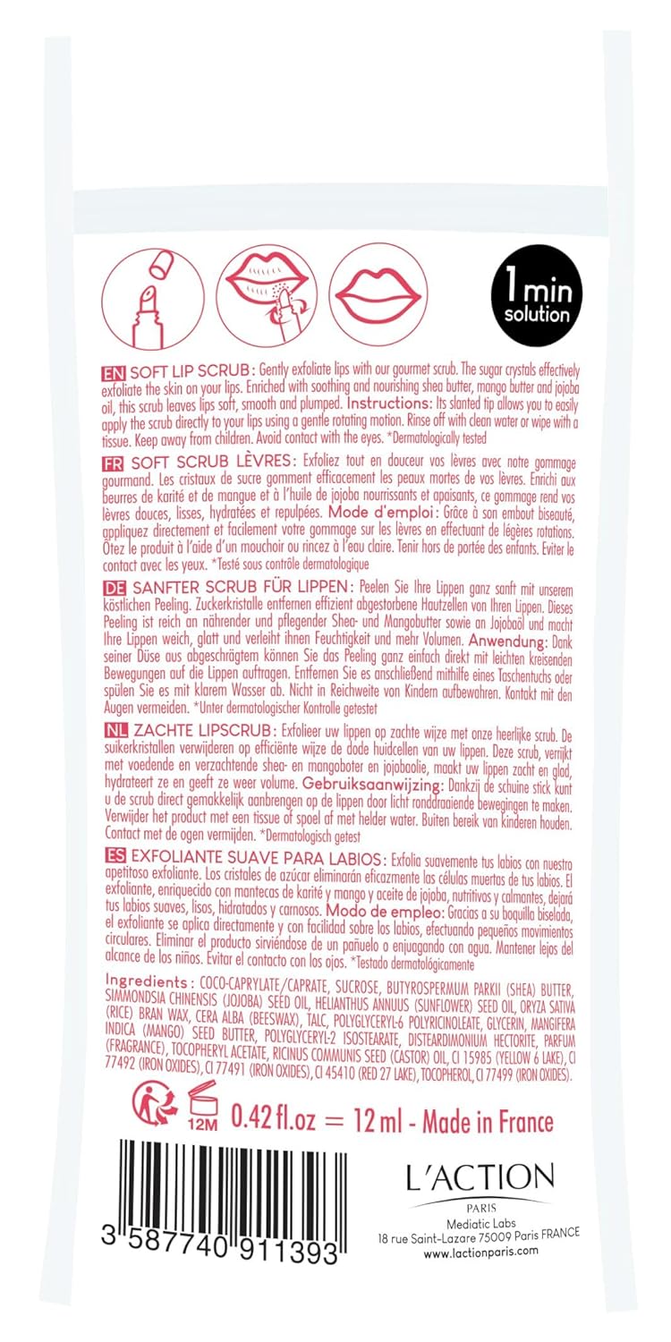 L'Action Paris Exfoliating Soft Lip Scrub, Smooth and Plumped Lips, Sugar Crystals for Gentle Exfoliation, Slanted Applicator, Soothing Shea and Mango Butter Formula 12ml