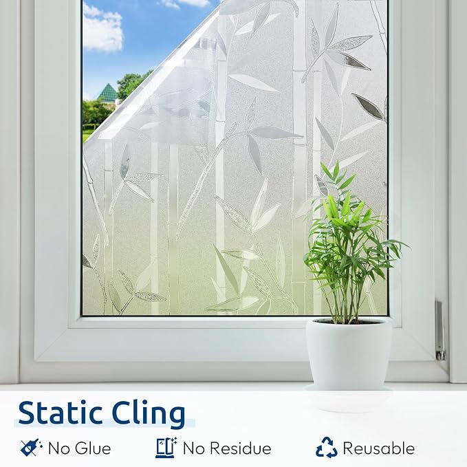 rabbitgoo Window Privacy Film Frosted Bamboo Pattern, Removable UV Blocking Stained Glass Decals Covering Decorative Window Cling for Home, 23.6 in X 6.5 Feet, Regular