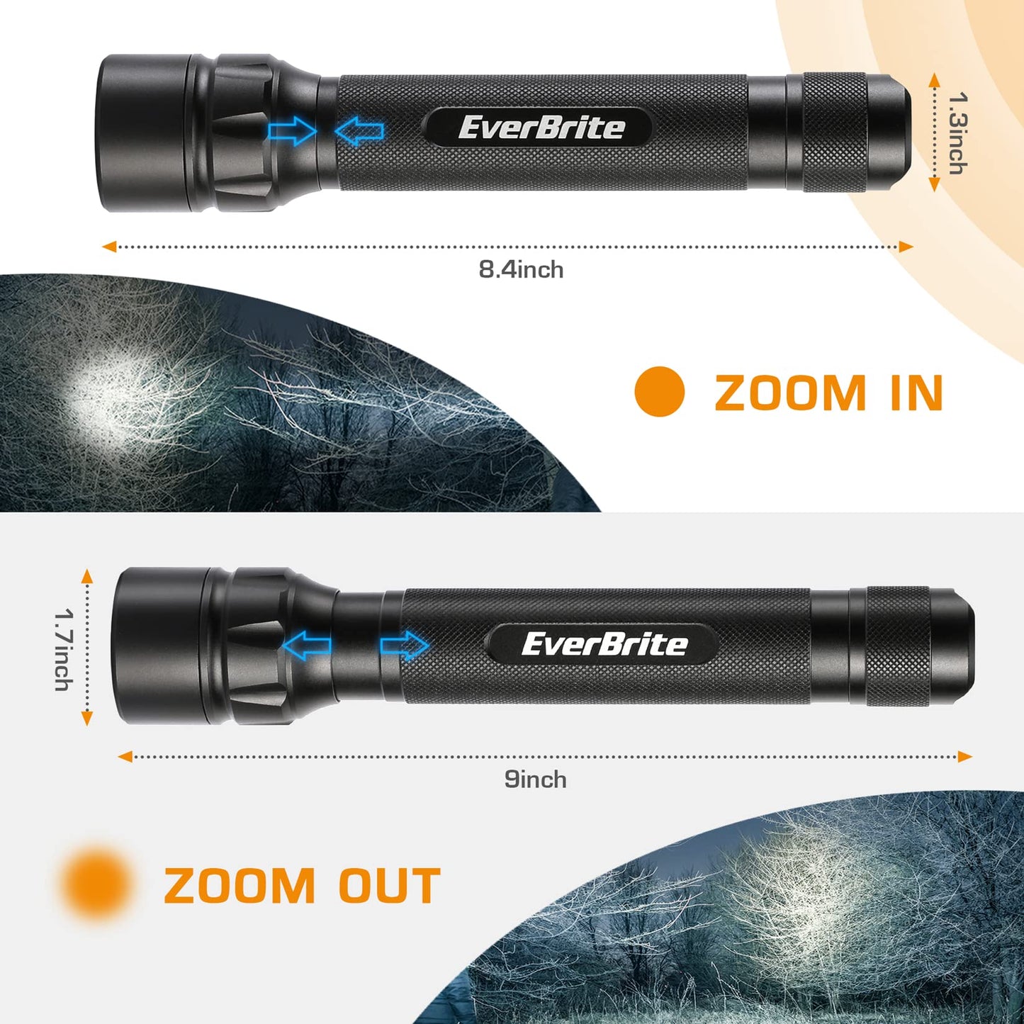 EverBrite Tactical Flashlight, 600 Lumen Zoomable, 4 Light Modes, Aluminum, Includes 3C Alkaline Batteries