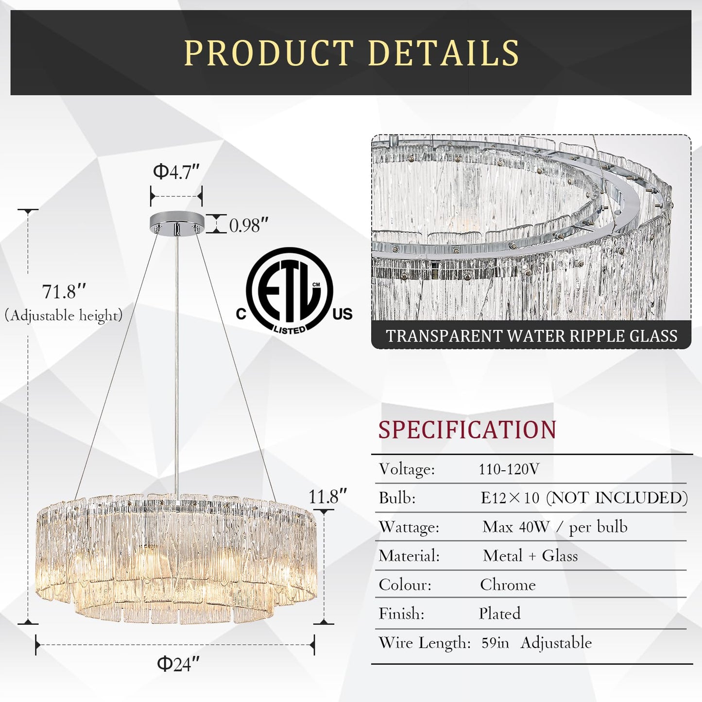 Modern 24  Chrome Chandeliers 10-Light Crystal Glass Round Chandelier stylish Drum Ceiling Pendant Light Fixtures 2 Tiers Hanging Lighting For Dining Room Foyer Living Room Bedroom