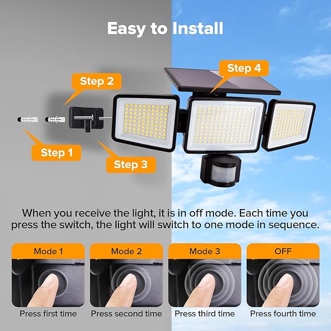 UME Solar Outdoor Lights 302 LED 3000LM, IP65 Waterproof Motion Sensor Outdoor Lights, 3 Heads Solar Security Flood Lights 270 Wide Lighting Angle with 3 Modes for Garden Patio Yard - 2 Pack
