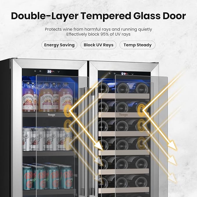 Yeego Wine and Beverage Refrigerator, 30" Dual Zone Upgraded Wine Beverage Cooler Built-In or Freestanding Wine Fridge with Glass French Door,Large Capacity Beer Fridge Holds 80 Can & 33 Bottle