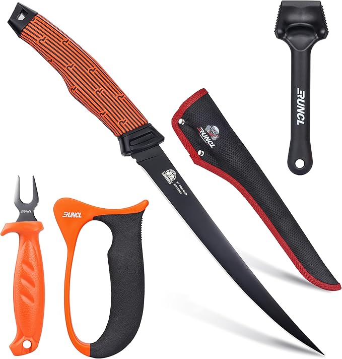 RUNCL Fishing Fillet Knife Combo Set, Fishing Tools Kit With 9" Fillet Knife, Fillet Fork, Knife Sharpener and Fish Scaler Remover, 4 Pieces fishing Kit Tool, Perfect for Fresh or Saltwater
