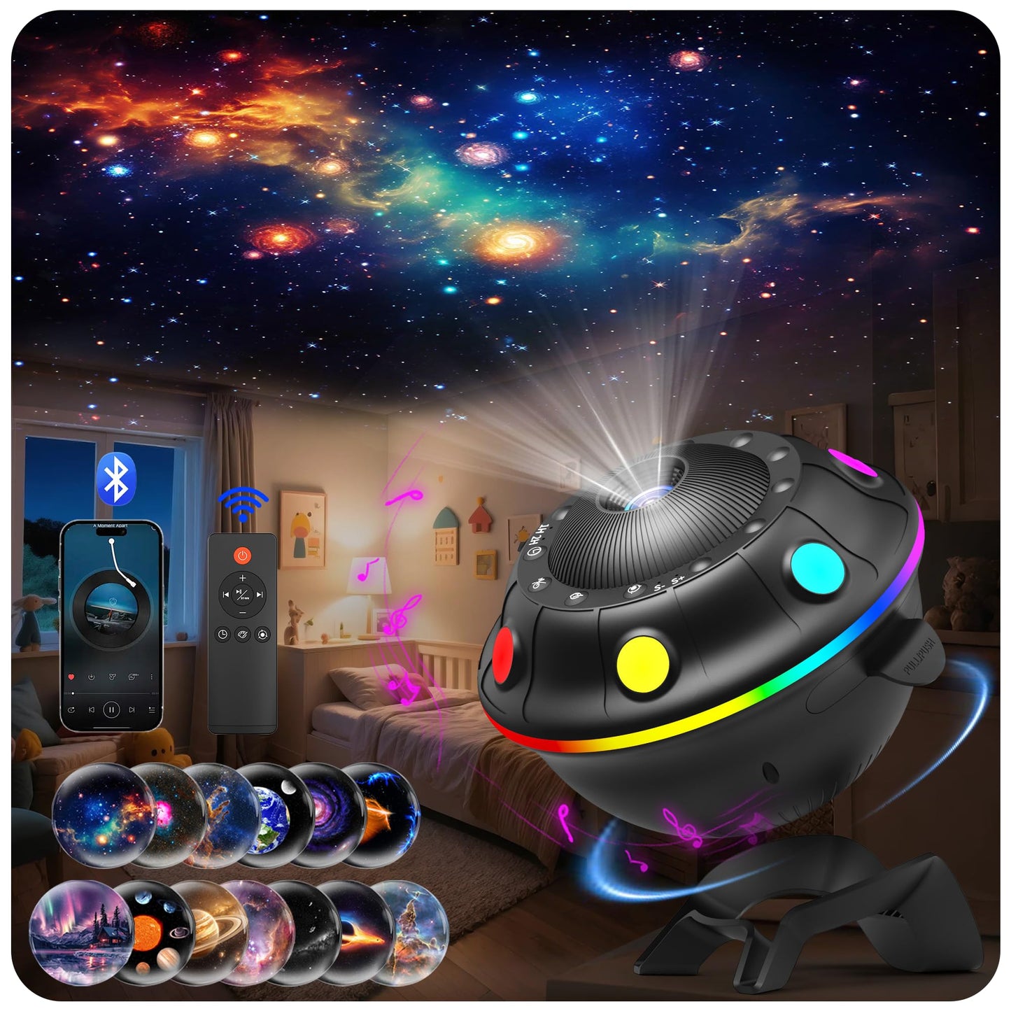 Ufo Galaxy Projector With 12 Hd Film Discs  Rgb Ambient Light  Bluetooth Speaker  White Noise  Timer  Remote Control  Star Projector For Kids Bedroom  Gift For Boys Girls