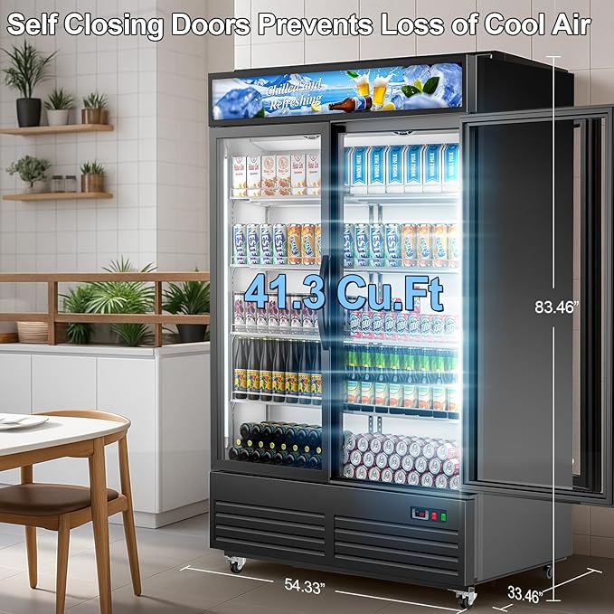 Tylza Commercial Refrigerator, Double Glass Door Display Beverage Fridge, 41.3 Cu Ft Upright Beverage Cooler Merchandiser with Replaceable Advertising Light Board, Rebound Door, Fast Cooling, Black