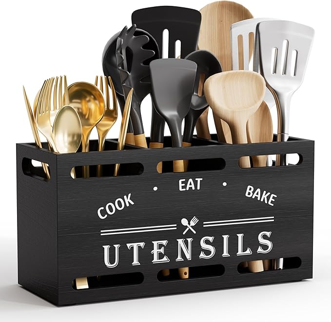 ZUJJAFY Utensil Holder for Kitchen Counter, Large Kitchen Utensil Holder for Countertop with 3 Compartments, Wooden Cooking Utensil Organizer for Spatula Storage, Black